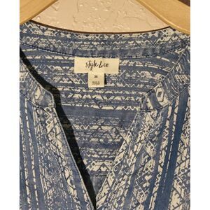 STYLE & CO Womens 3X Blue White Geometric Print Sleeveless Button Up Tunic Top